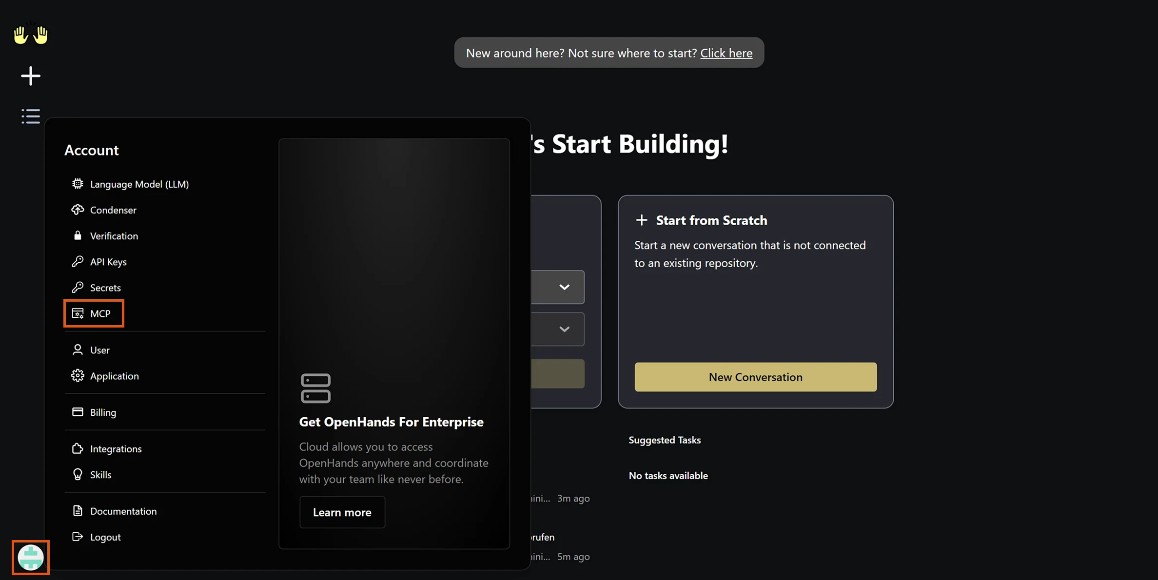 OpenHands Cloud start page with the Account menu open and the MCP entry highlighted