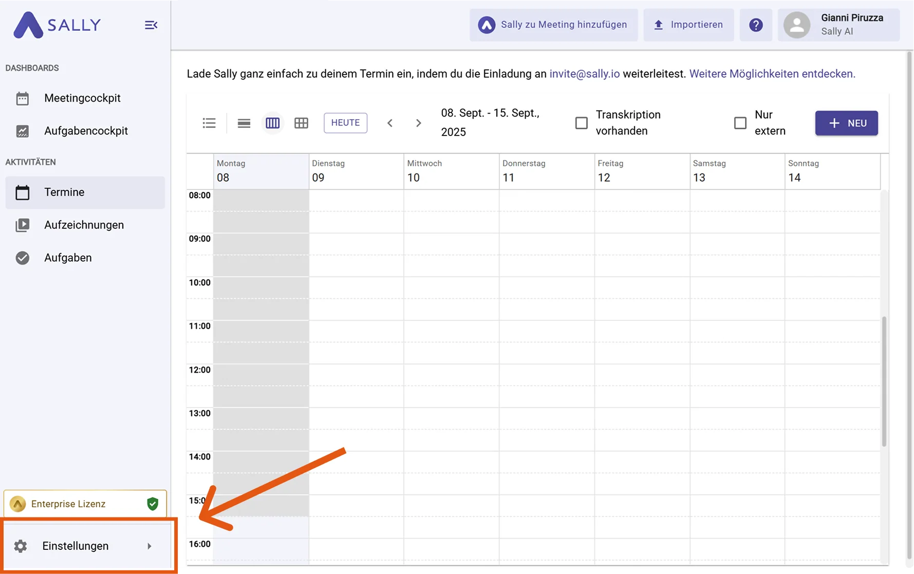 Sally sidebar with the Settings entry highlighted in the bottom-left
