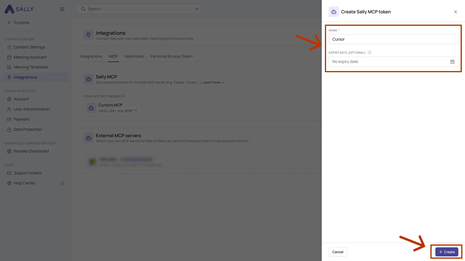 Create Sally MCP token dialog with the Name and Expiry date fields
