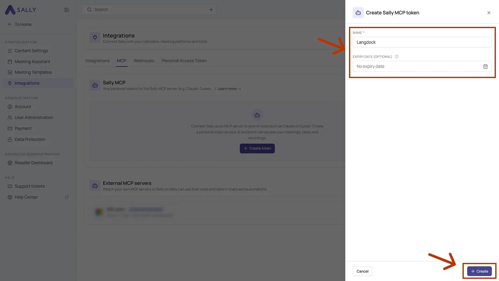 Create Sally MCP token dialog with the Name and Expiry date fields