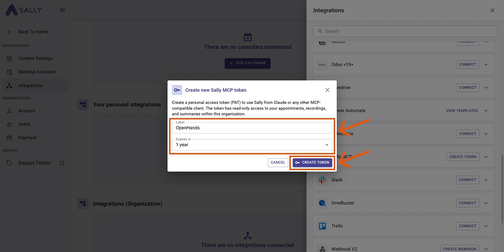 Create Sally MCP Token dialog with label OpenHands and Expires field