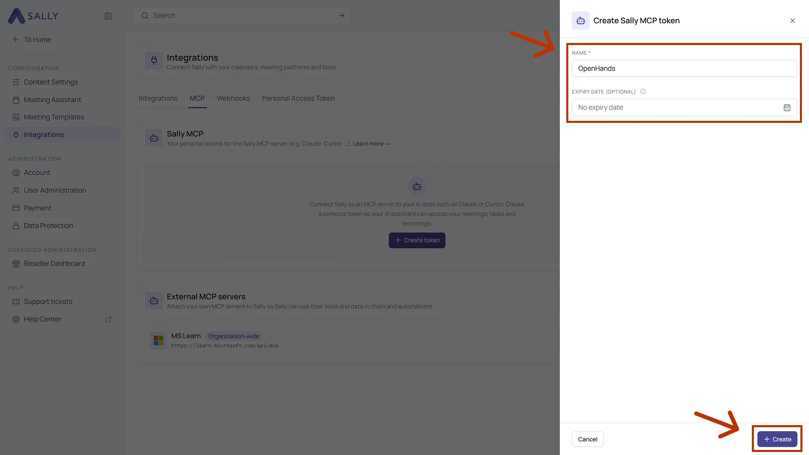Create Sally MCP token dialog with the Name and Expiry date fields