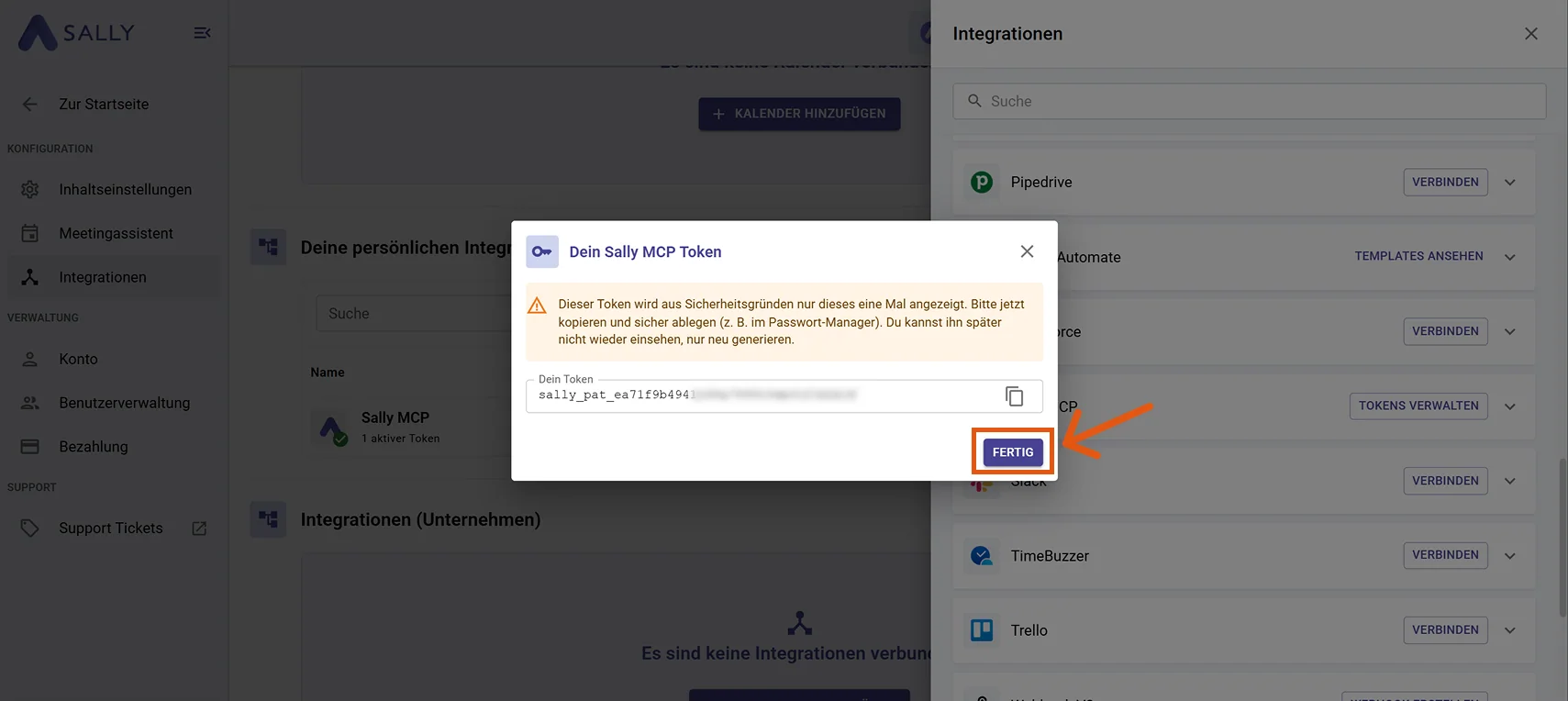 Dialog showing the generated Sally MCP token with a copy button and a warning that the token is shown only once