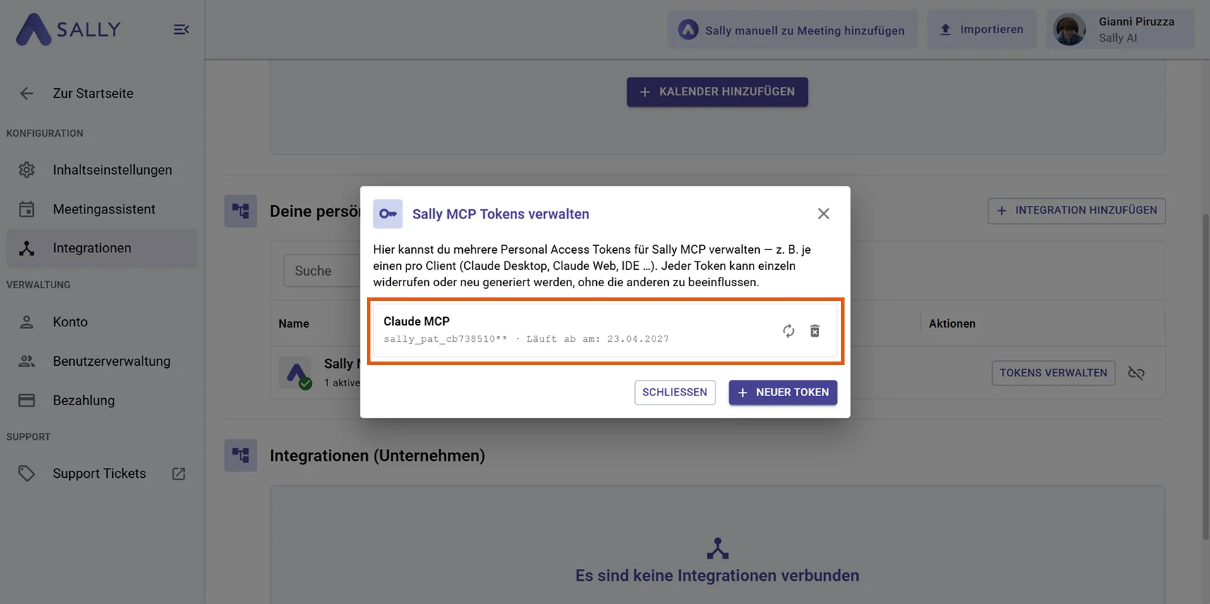 Sally MCP Tokens manage dialog showing an active token with its prefix, expiry date, regenerate and delete icons