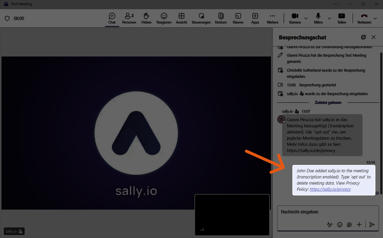 Preview of the privacy notice in the meeting chat