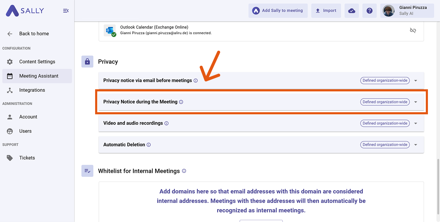 Privacy settings with Privacy Notice during the Meeting highlighted