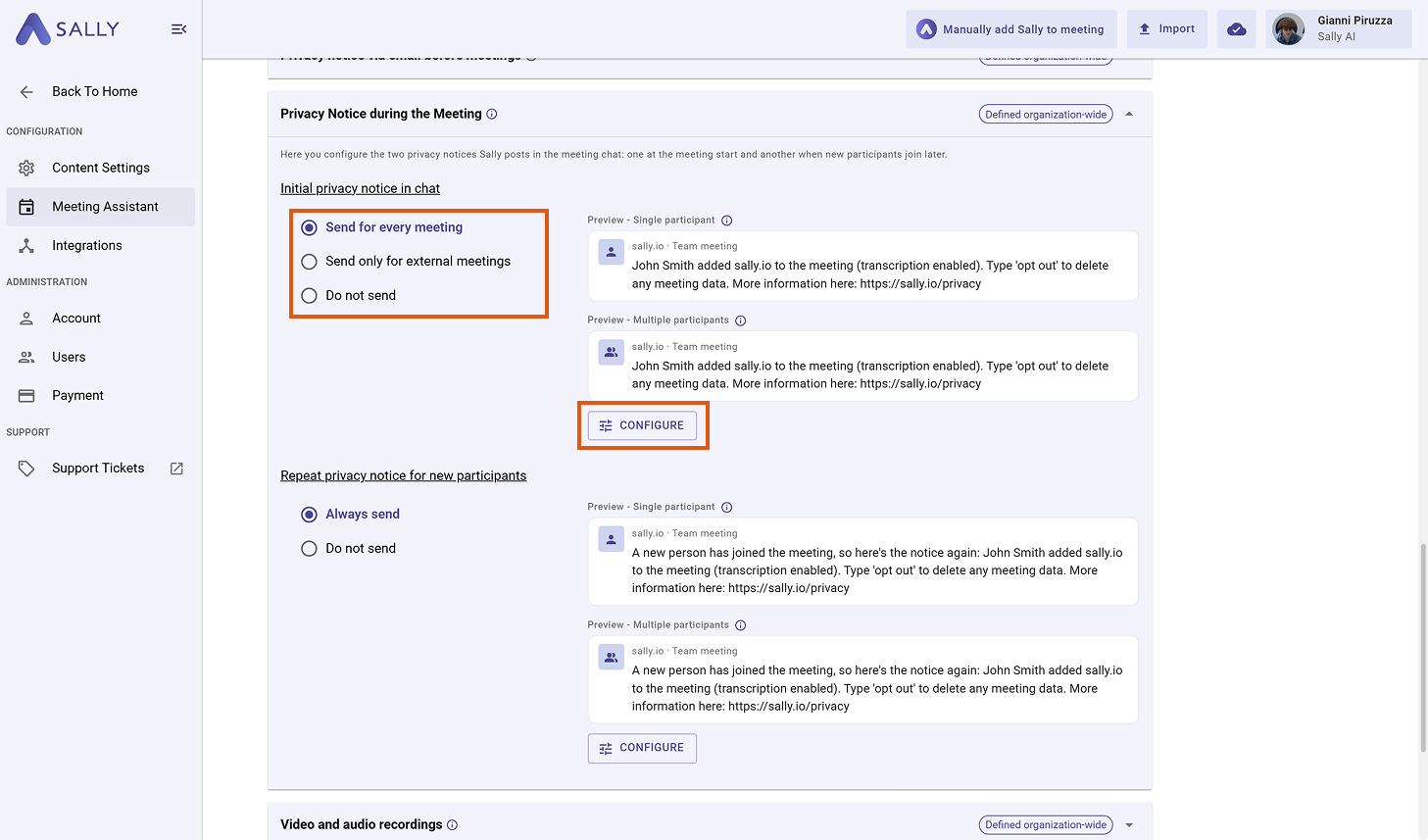 Initial privacy notice in chat with three send options and the Configure button highlighted