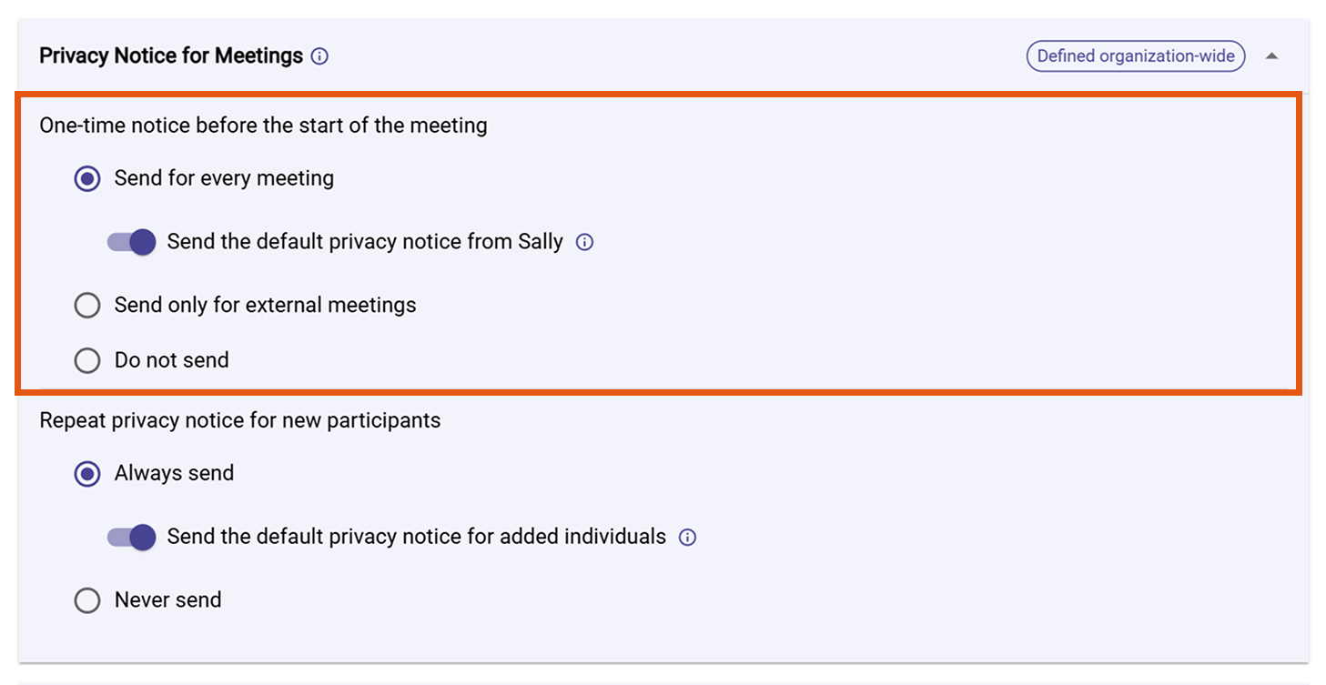 Privacy Notice for Meetings settings with options for when to send and a toggle for using the default notice