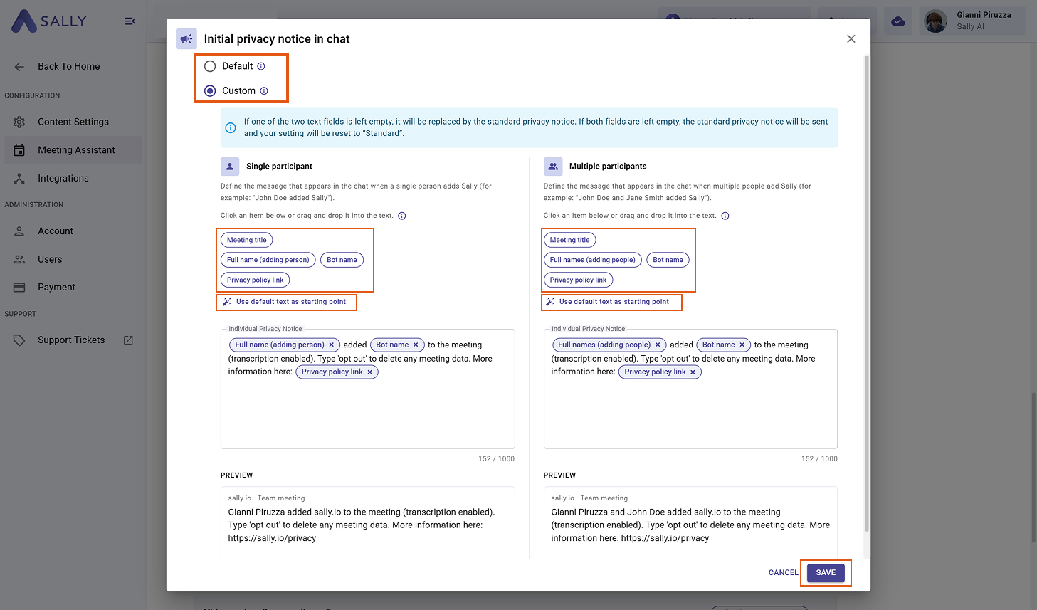 Initial privacy notice in chat popup with Default/Custom toggle, Single and Multiple participants editors, parameter chips and live preview