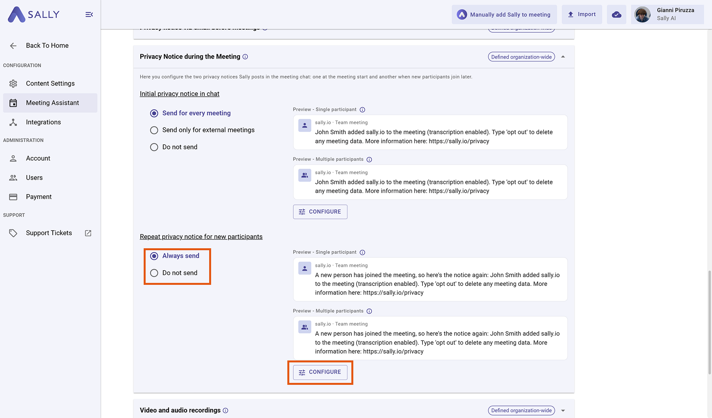 Repeat privacy notice for new participants with Always send/Do not send options and the Configure button highlighted