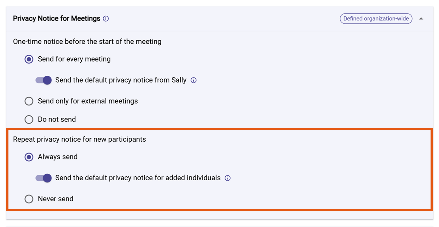 Settings for repeating the privacy notice for new participants with options and default text toggle