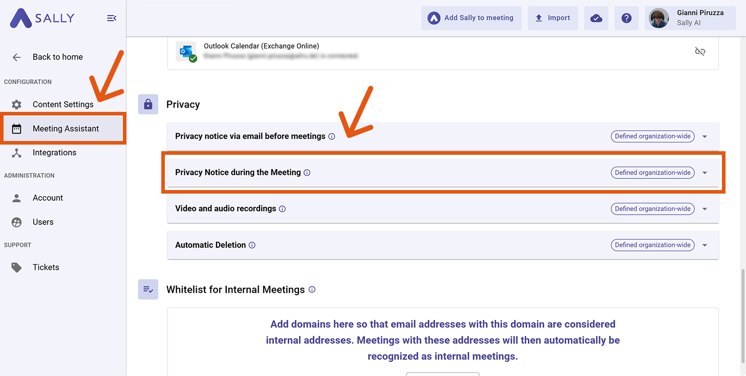 Meeting Assistant settings with the Privacy section and Privacy Notice during the Meeting highlighted