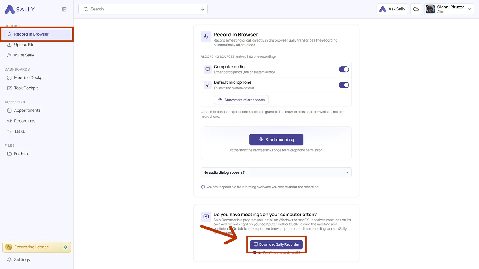 Page for recording in the browser with the marked sidebar entry and the marked Download Sally Recorder button