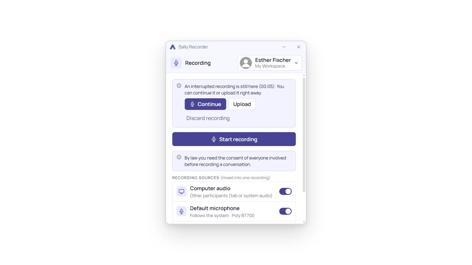 Note about an interrupted recording with the buttons Continue, Upload and Discard recording above the Start recording button