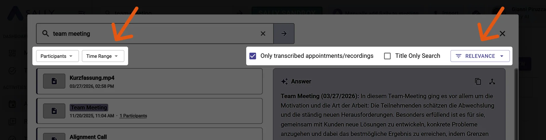 Filter options in the search results