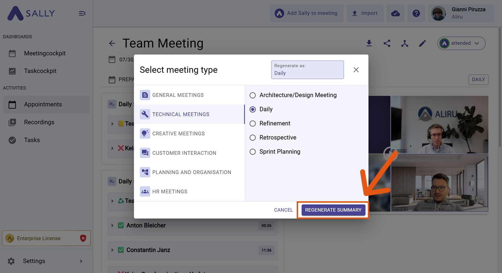 Regenerate with meeting types Sally AI