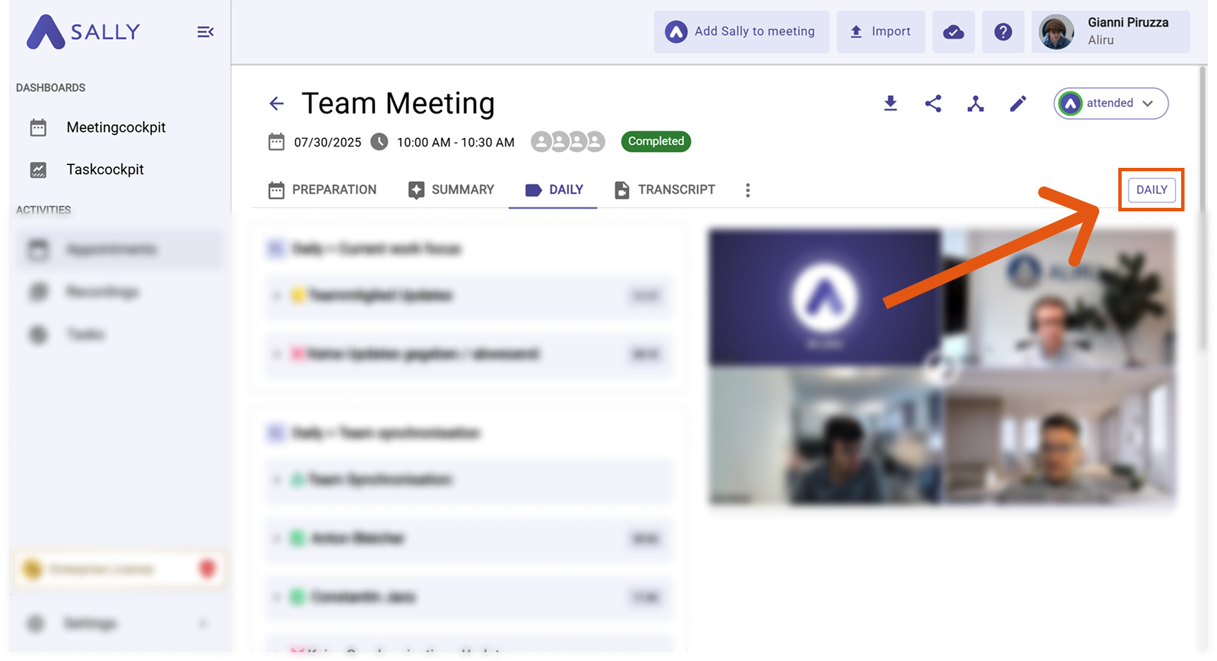 Meeting type set to Daily in Sally
