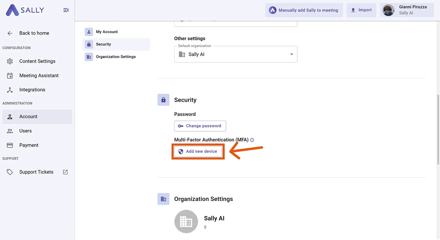 Security settings showing the Multi-Factor Authentication section with the Add new device button highlighted