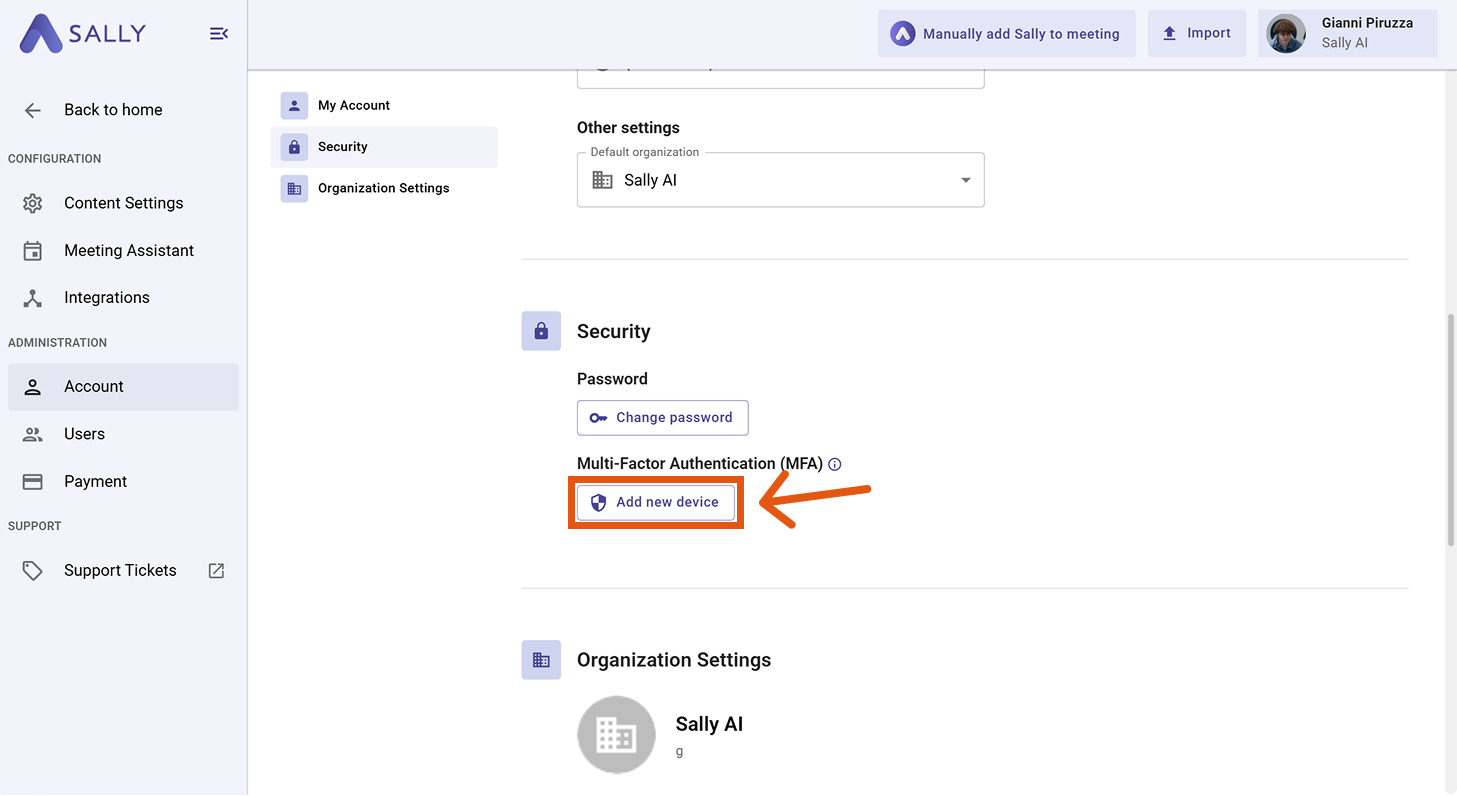 Security settings showing the Multi-Factor Authentication section with the Add new device button highlighted