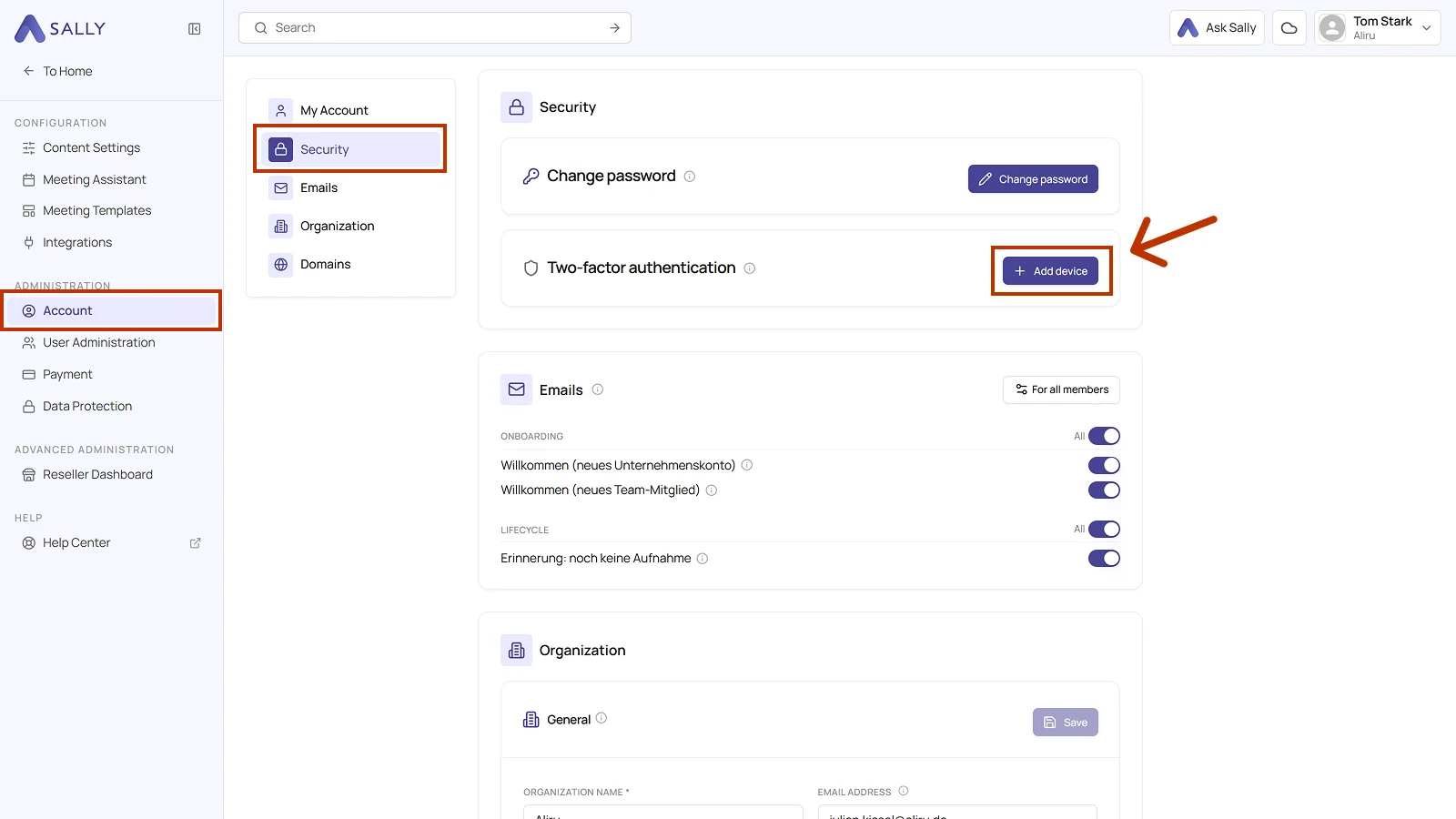 Security section with the Add device button next to two-factor authentication highlighted