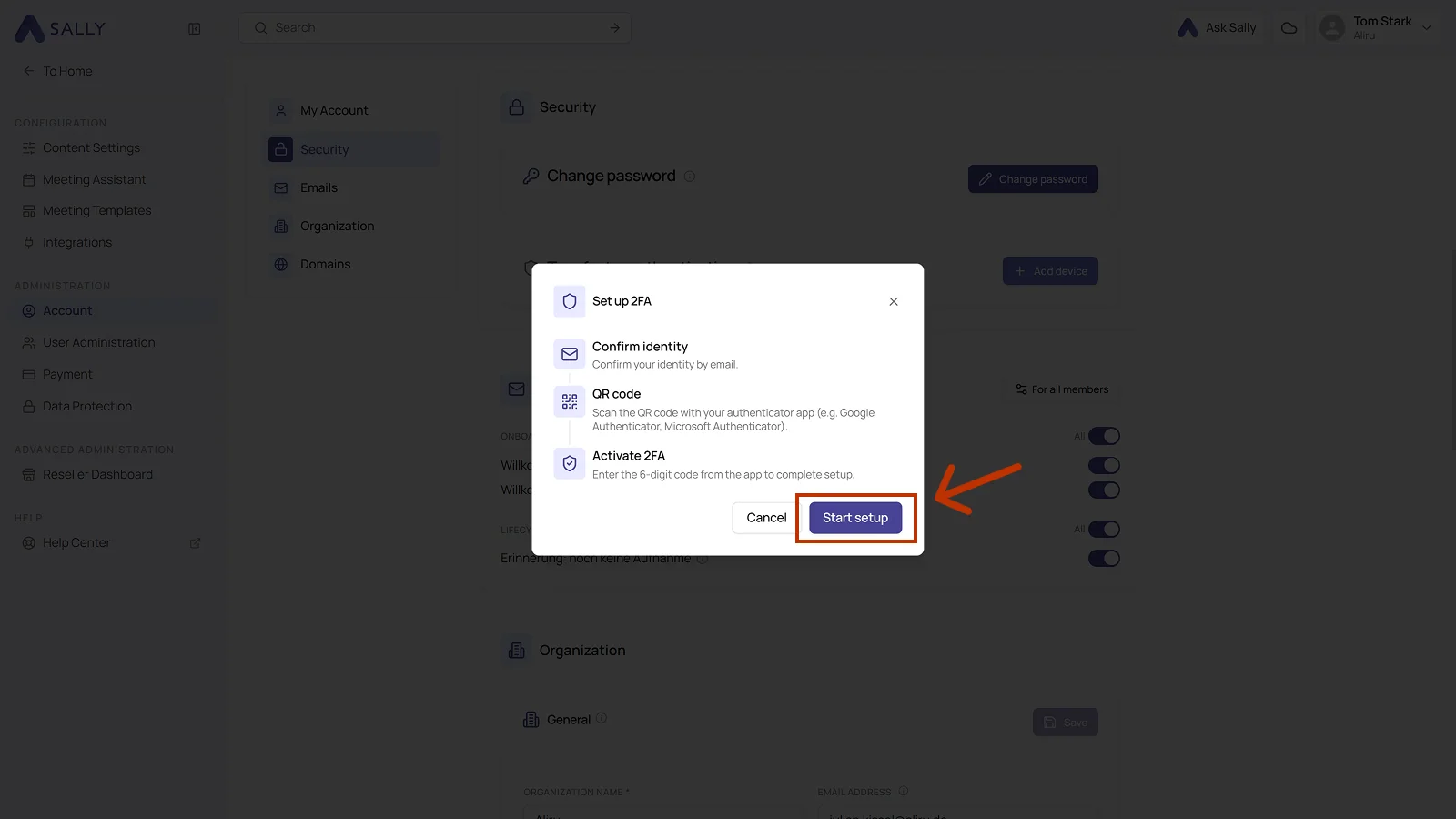 Set up 2FA dialog with the three steps and the Start setup button highlighted