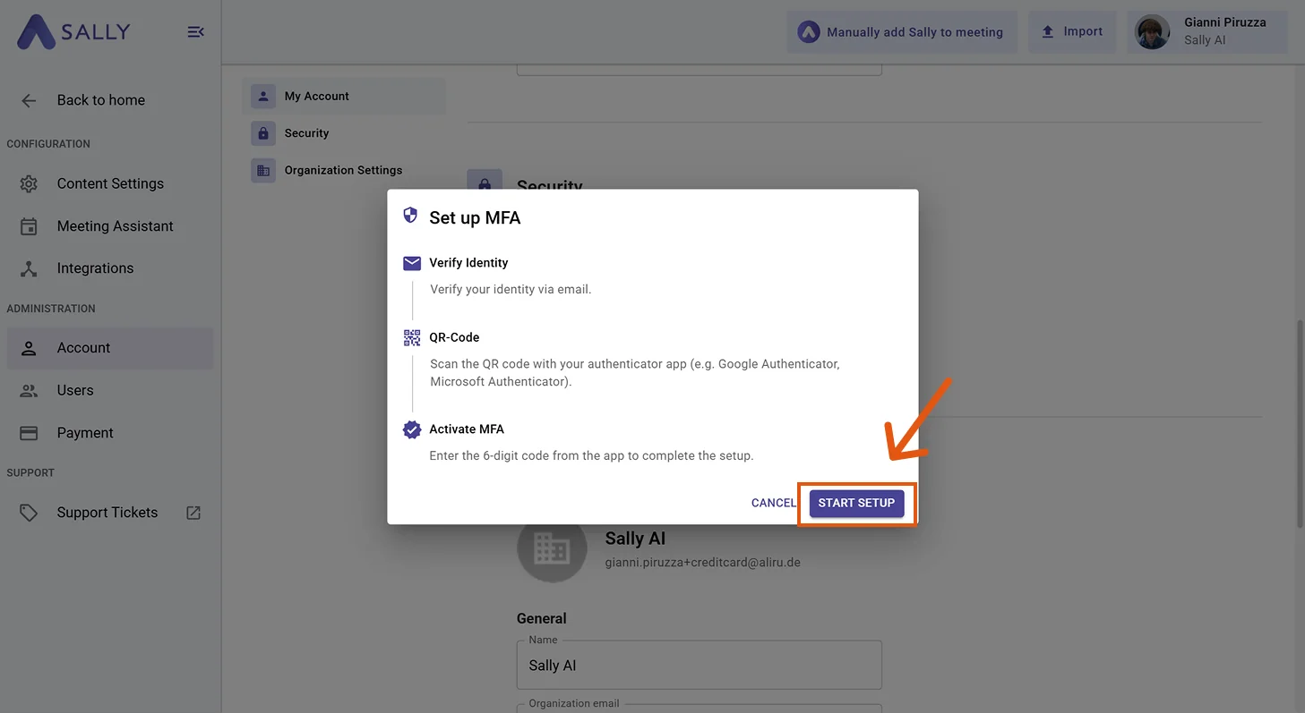 Set up MFA dialog showing the three setup steps: Verify Identity, QR Code, and Activate MFA