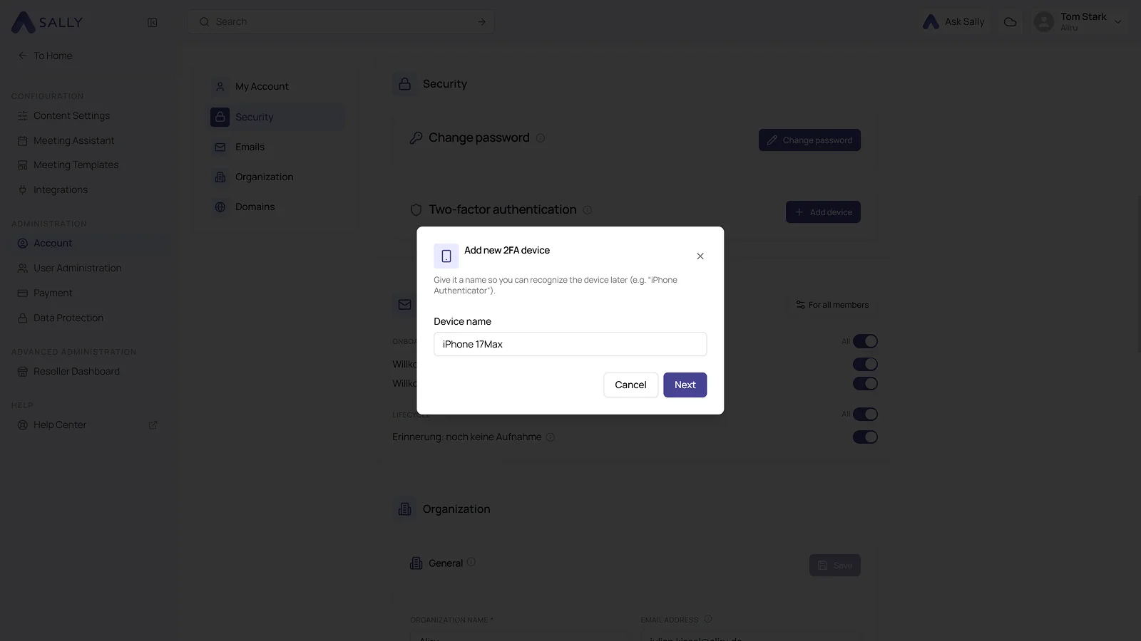 Add new 2FA device dialog with the device name field and the Cancel and Next buttons