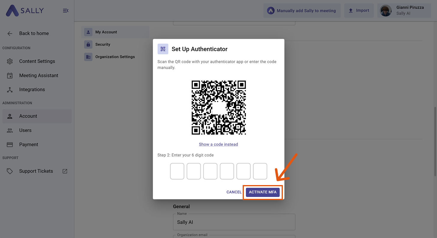 Set Up Authenticator dialog showing a QR code and input fields for the 6-digit verification code