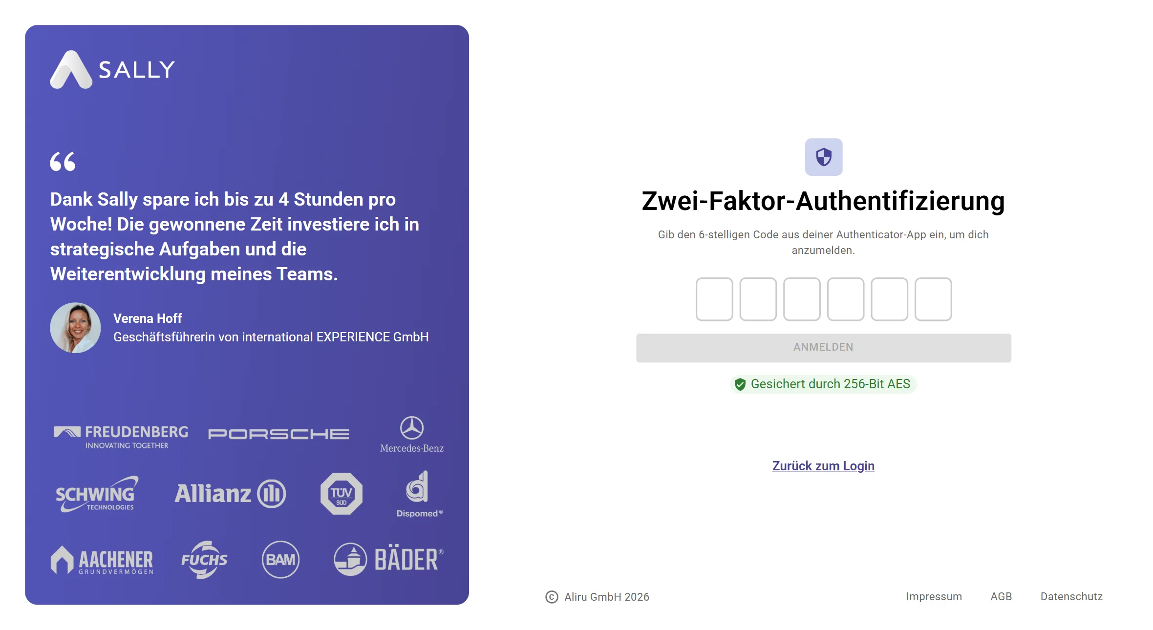 Sally login screen prompting for a 6-digit two-factor authentication code