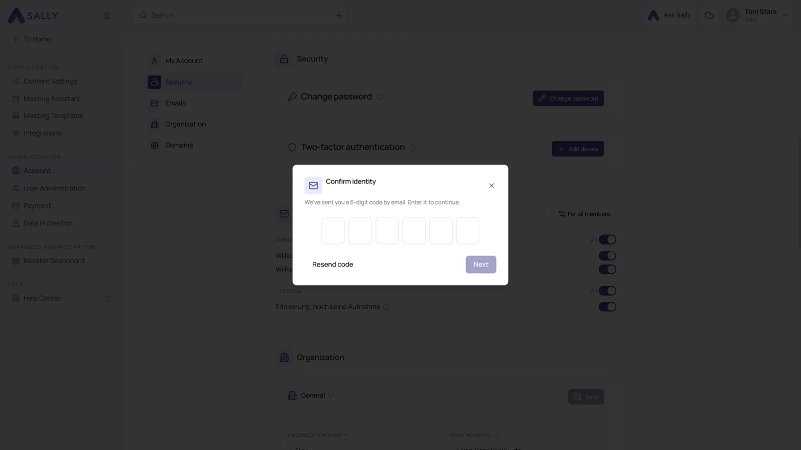 Confirm identity dialog with the six code fields and the Resend code link