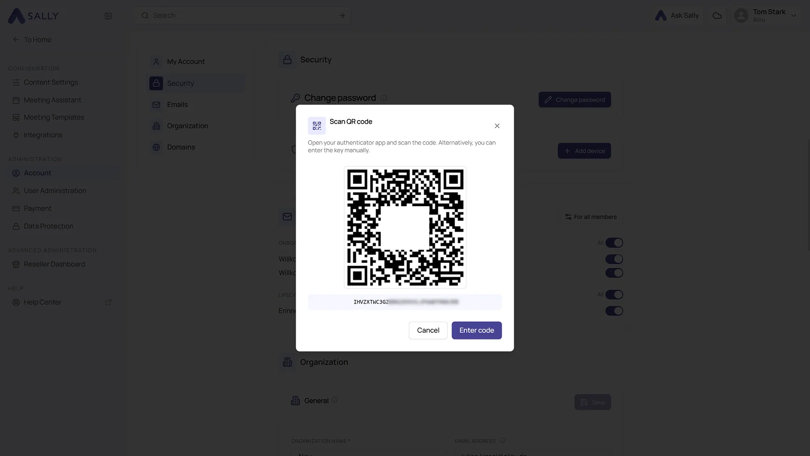 Scan QR code dialog with the QR code, the key for manual entry, and the Enter code button