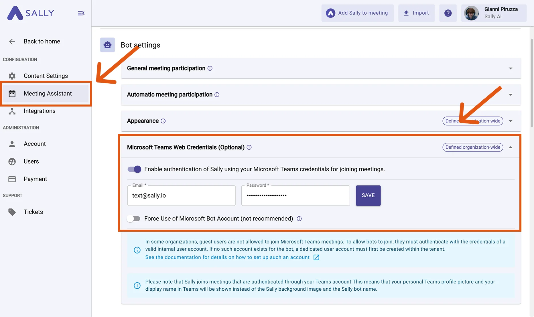 Example of authenticated Teams account in Sally
