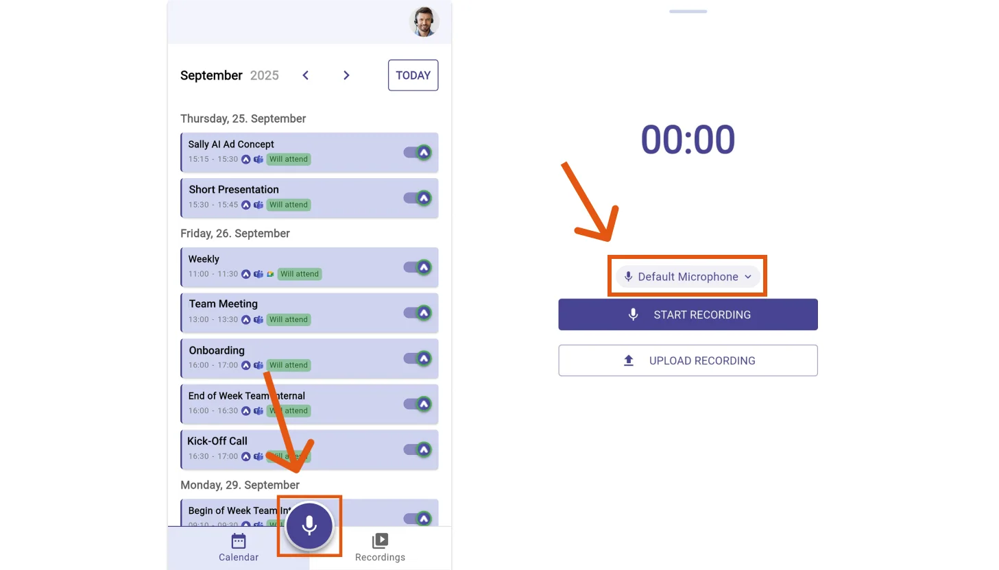 Sally AI App selecting a microphone