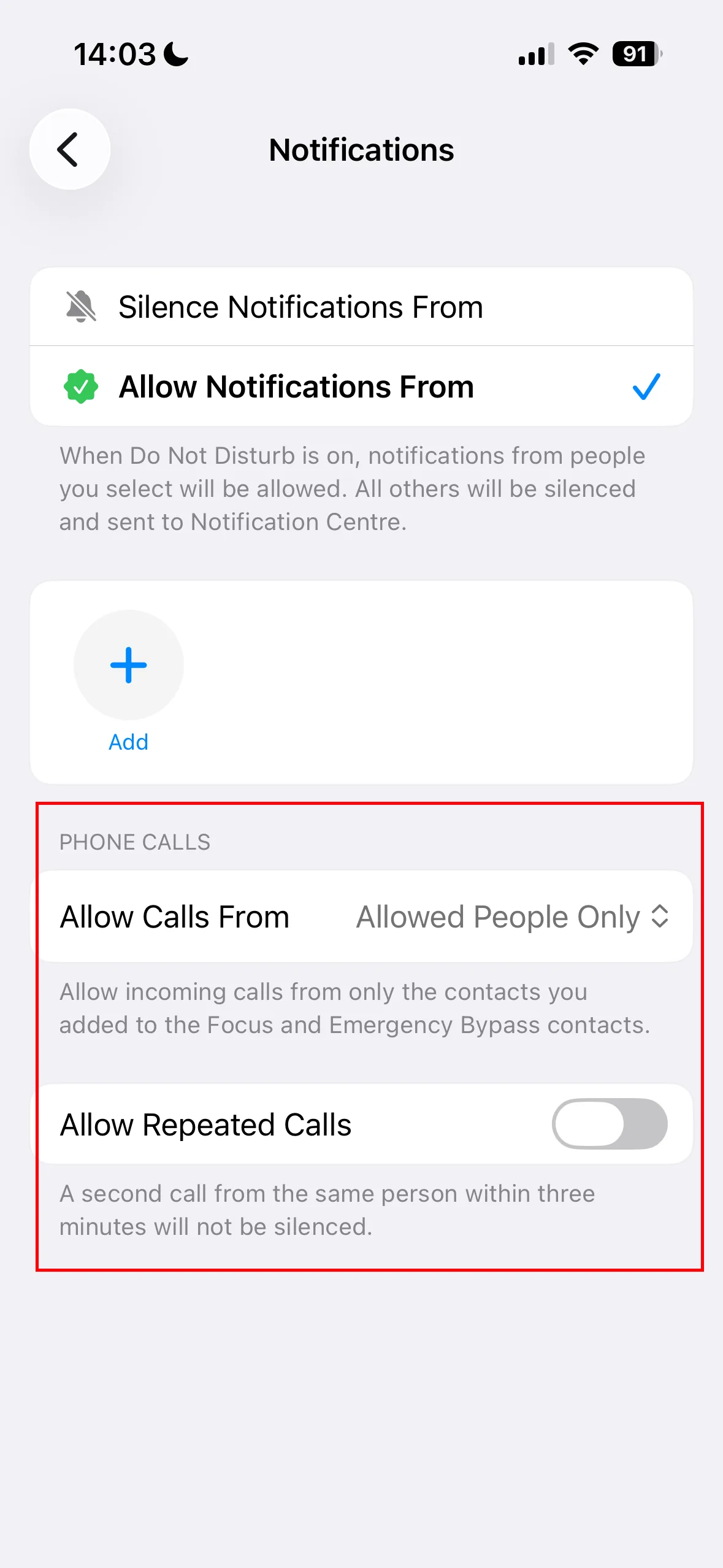 Allow Calls From set to Allowed People Only and Allow Repeated Calls turned off