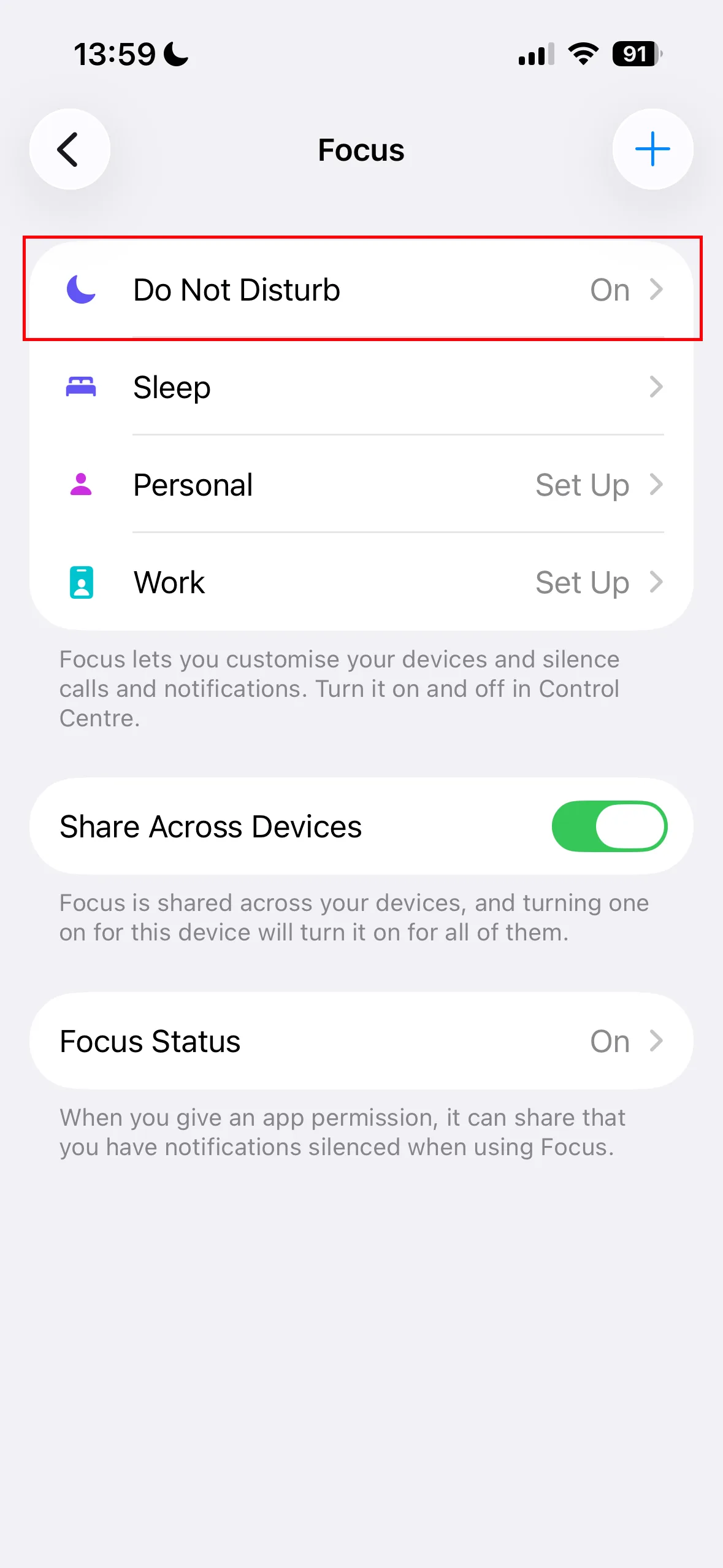 Do Not Disturb entry in the iPhone Focus settings