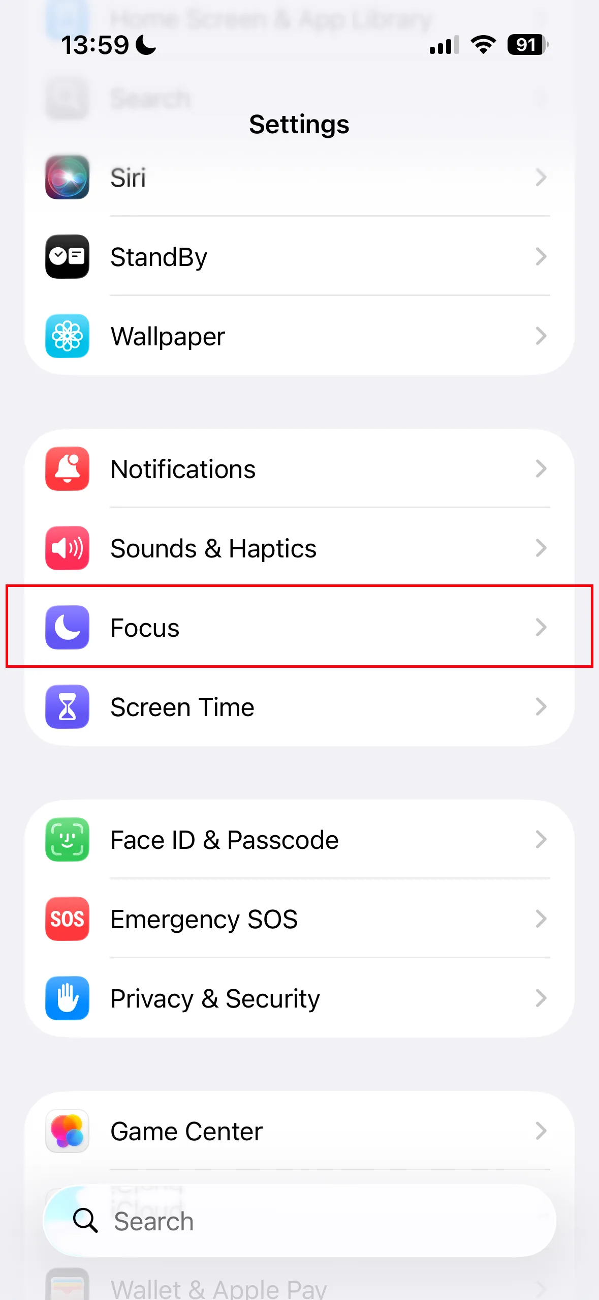 Focus entry in the iPhone Settings app