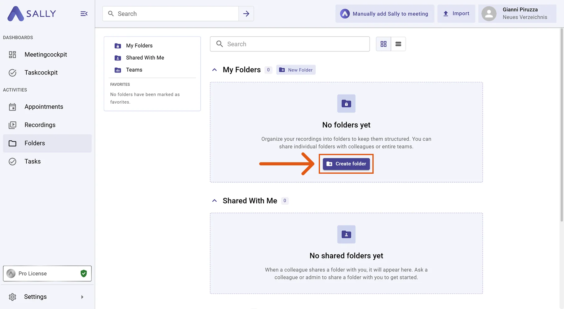 Folder overview with the Create folder button