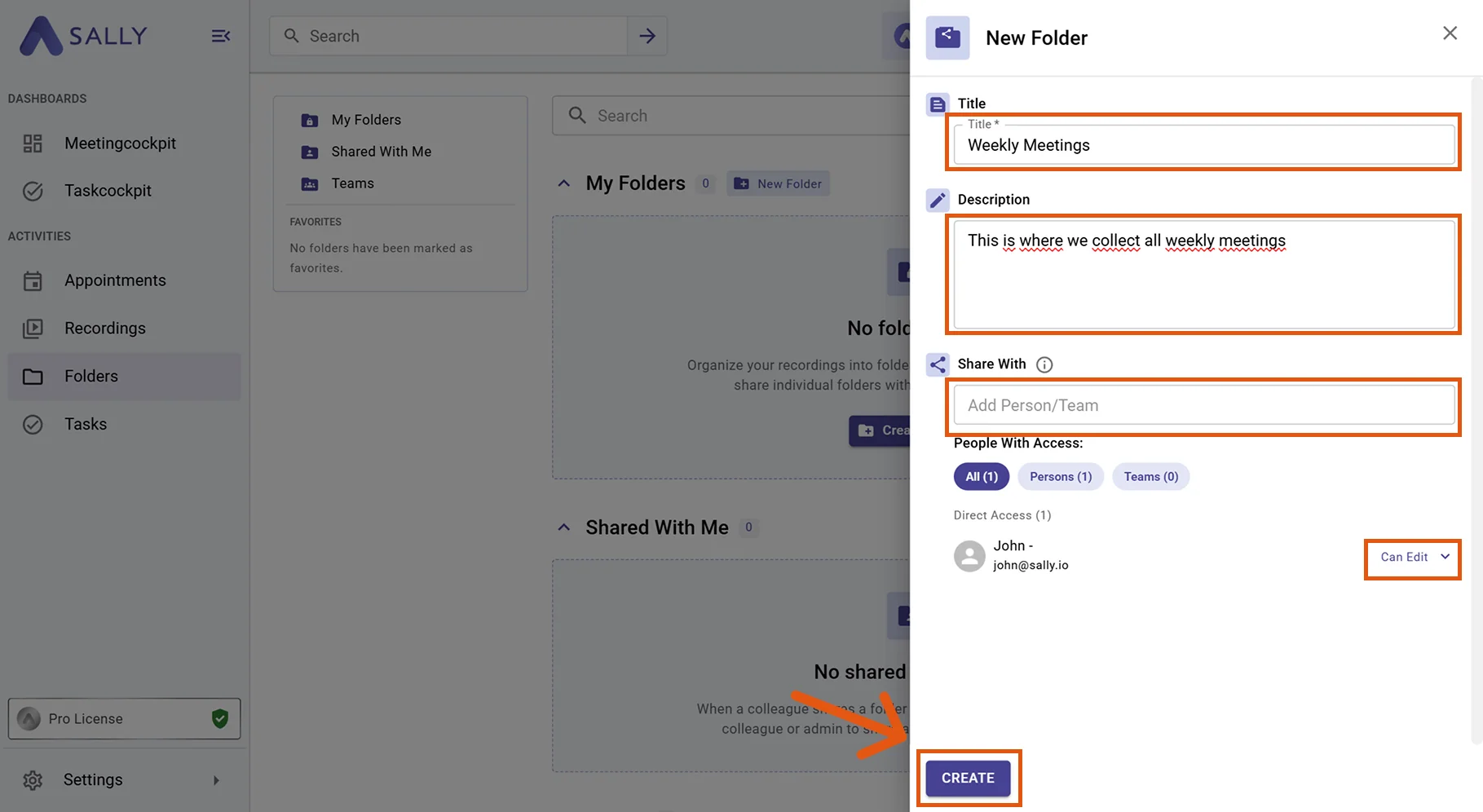 Add folder dialog with title, description, and sharing options