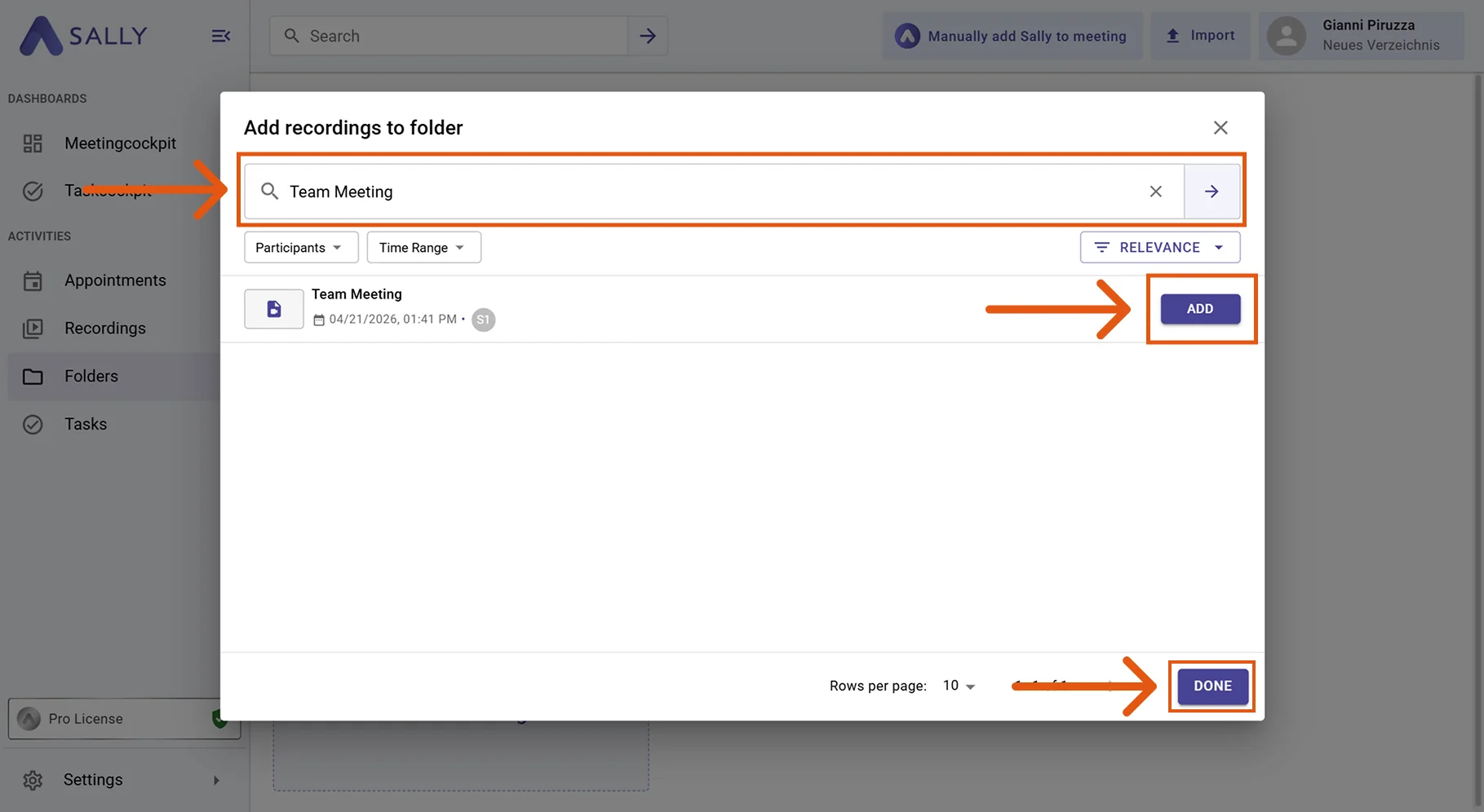 Add recordings to folder dialog with search and result list