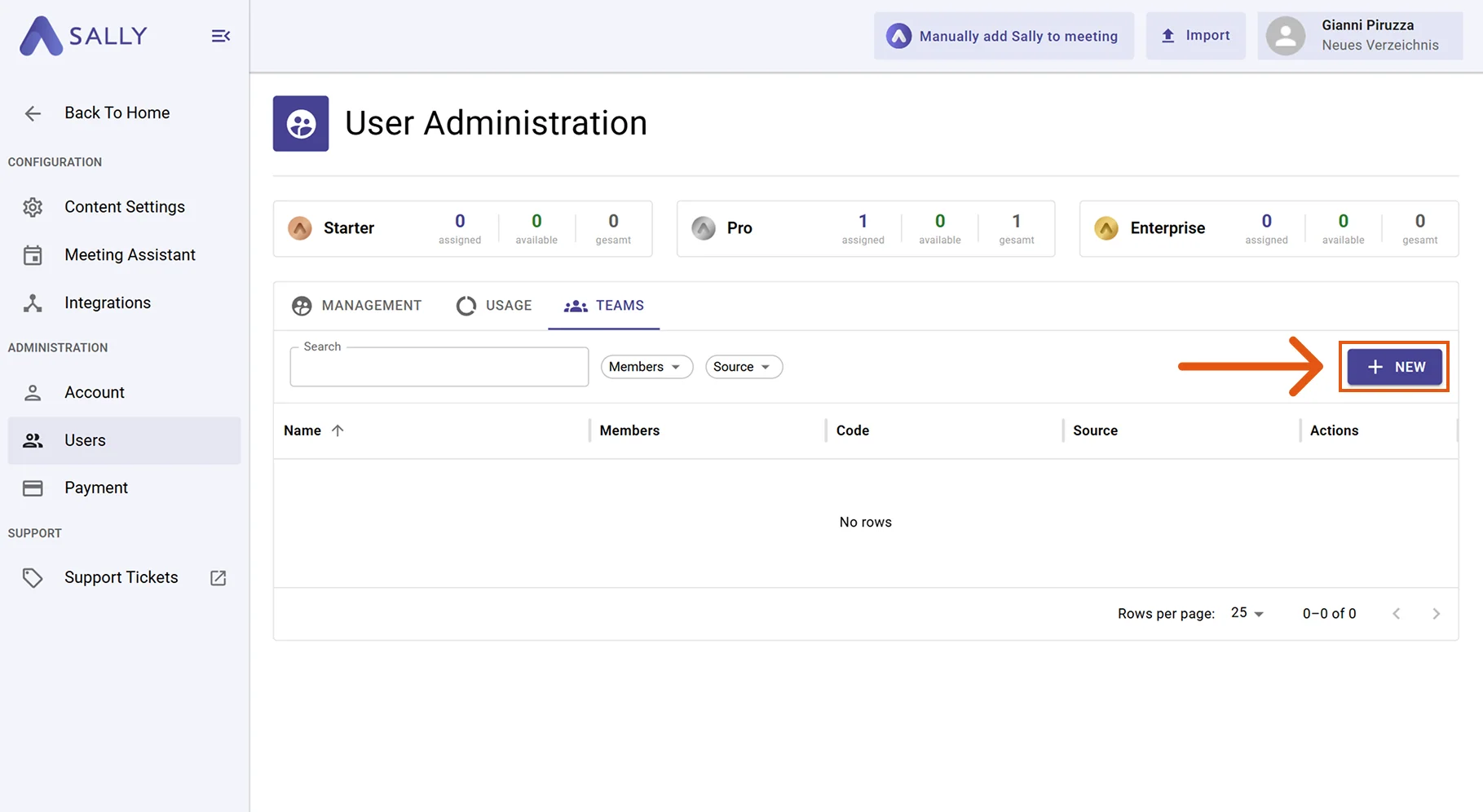 Teams tab in User management with the New button