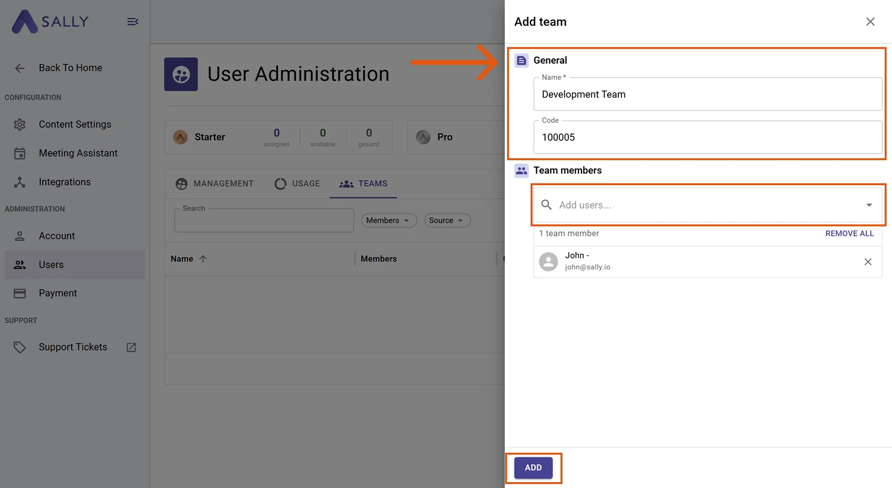 Add team dialog with name, code, and members