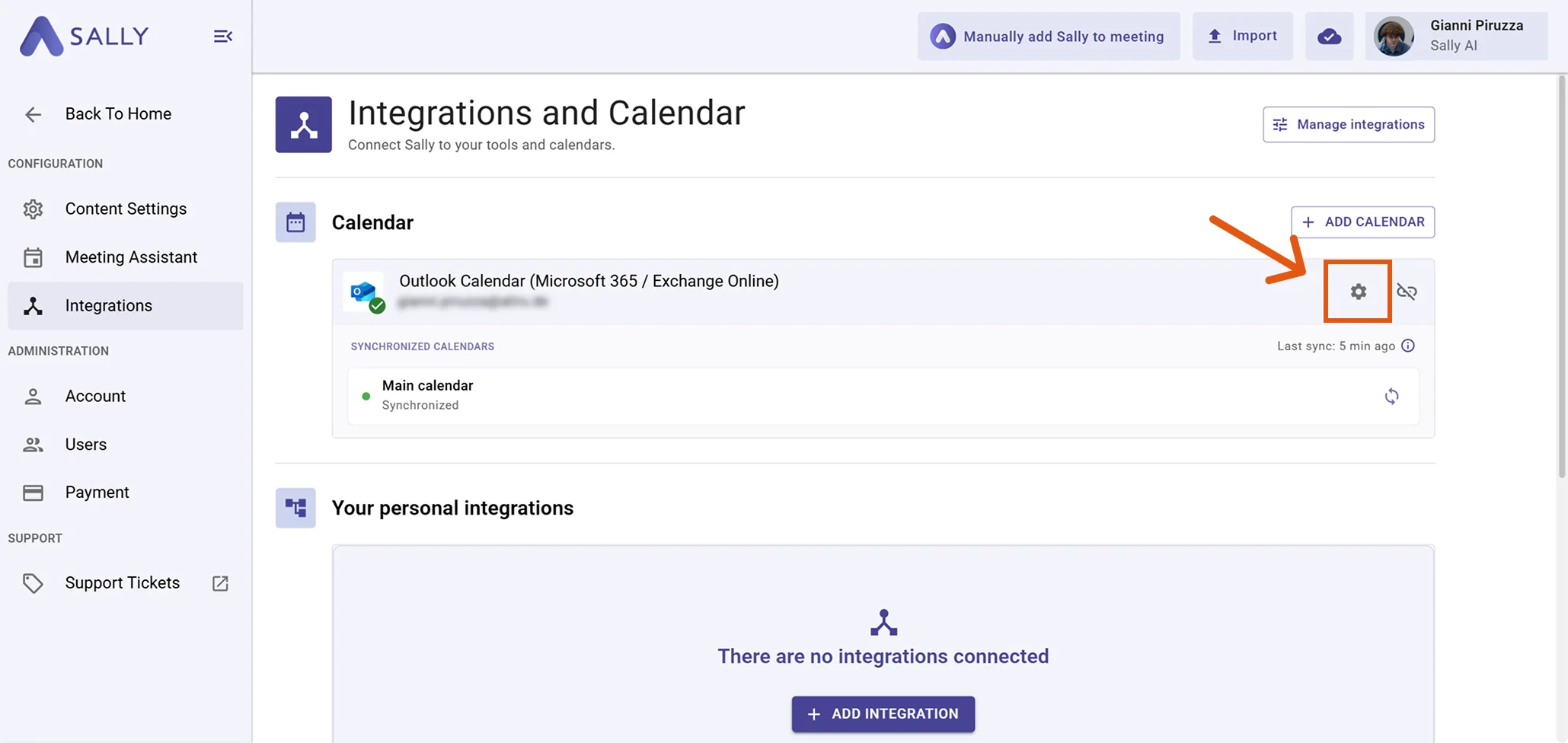 Sally Integrations page with the gear icon next to the connected Outlook Calendar (Microsoft 365 / Exchange Online) highlighted