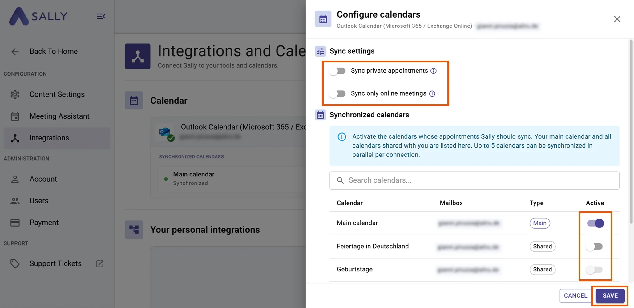Configure calendars dialog for Outlook Calendar with sync settings toggles and individual calendar selection