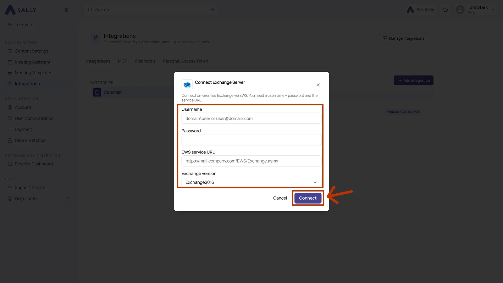 Connect Exchange Server dialog with username, password, EWS service URL and Exchange version