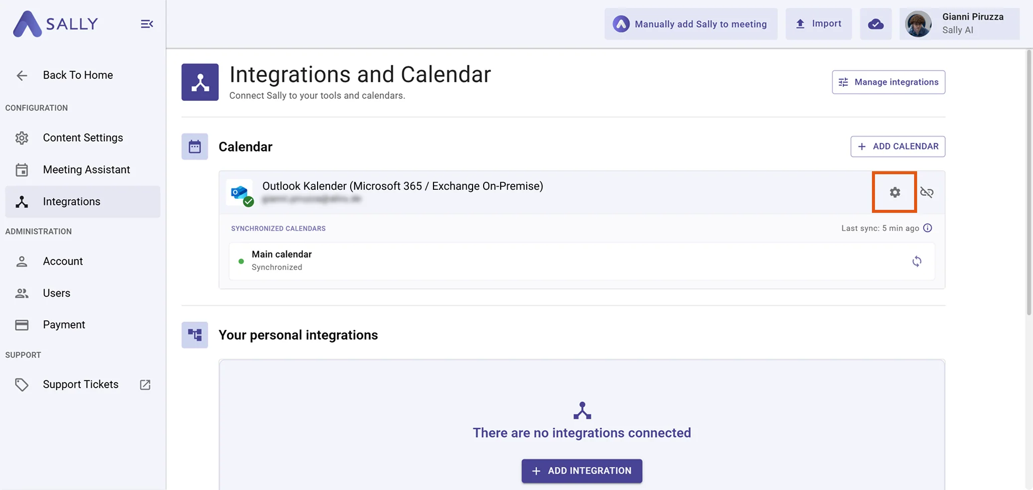 Sally Integrations page with the gear icon next to the connected Outlook Calendar (Exchange On-Premise) highlighted