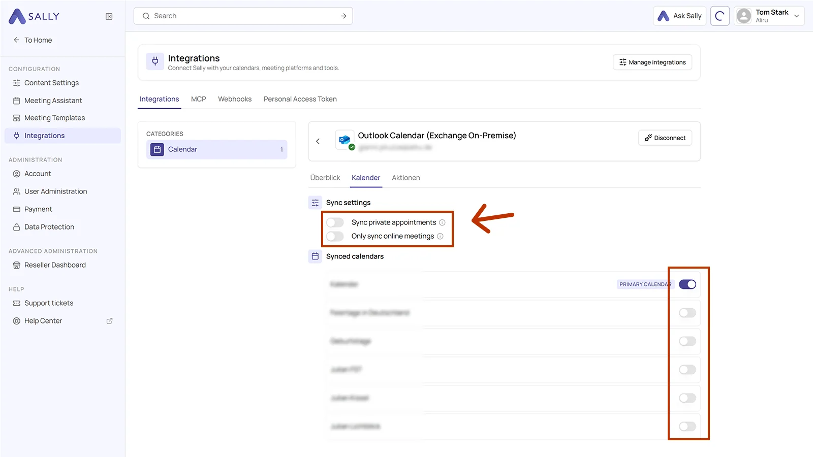 Calendars tab of the connected Exchange On-Premise integration with the sync settings and the synced calendars