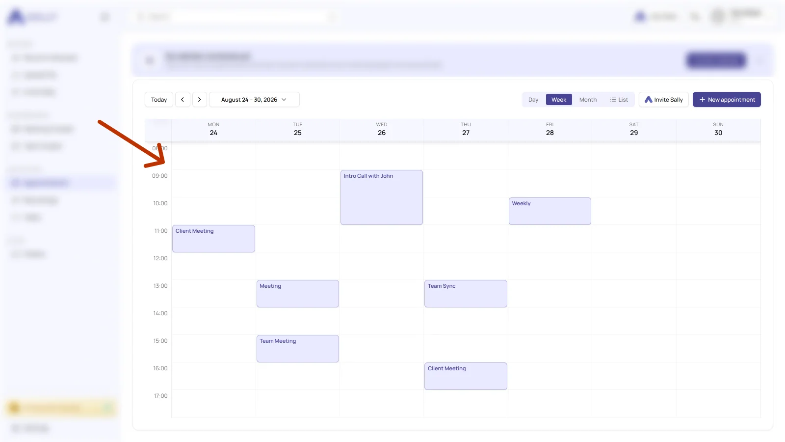 Sally appointment view with the appointments synced from the Exchange On-Premise calendar