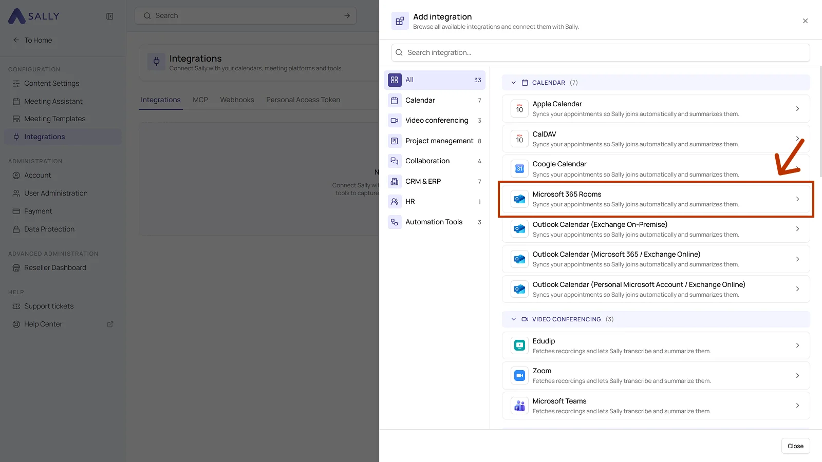 List of all available integrations with the Microsoft 365 Rooms entry highlighted