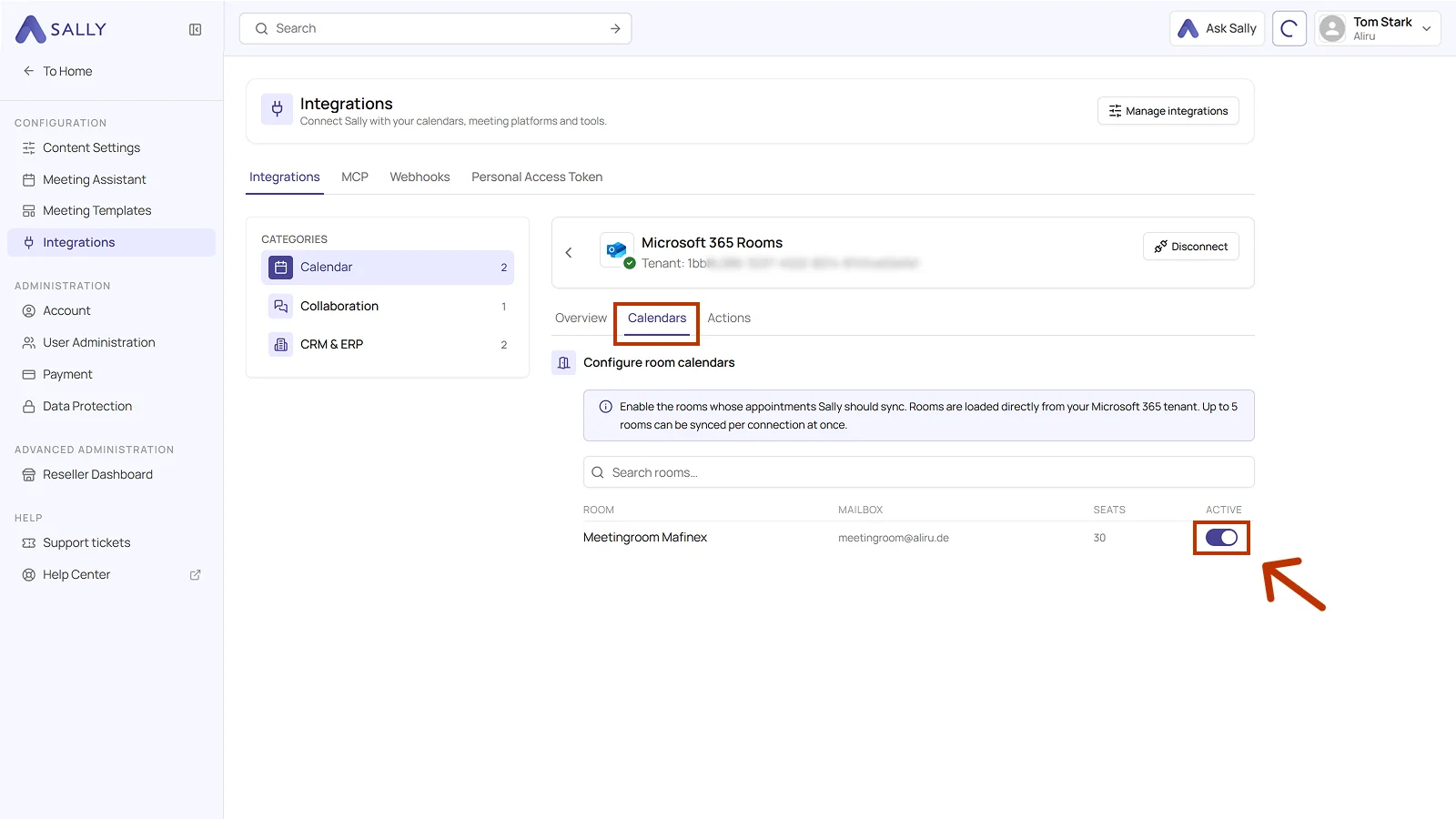 Calendars tab of the Microsoft 365 Rooms integration with the room list and the Active switch turned on