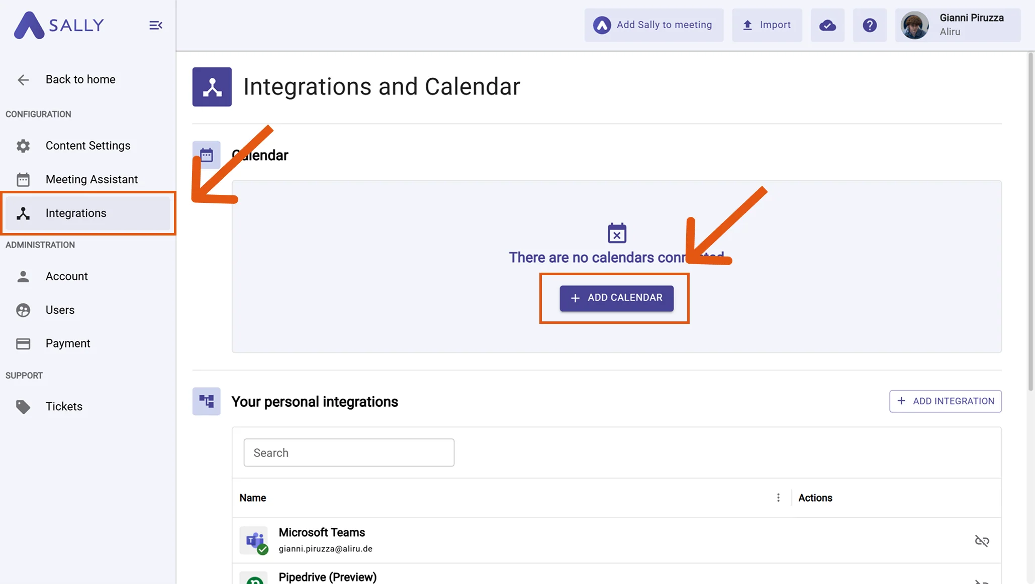 Sally integrations page with highlighted add calendar button